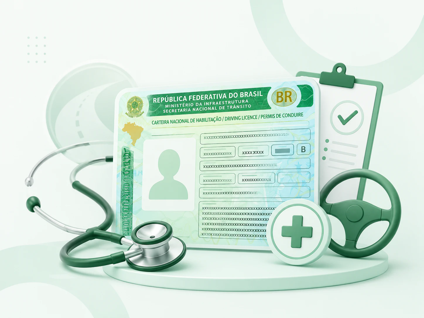 Carteira Nacional de Habilitação, estetoscópio e volante representando a Medicina do Tráfego
